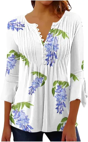 Summer Shirts for Women Vintage Bohemian Floral Print Graphic Blouse Causal 3/4 Sleeve Empire Waist Button Down Tops