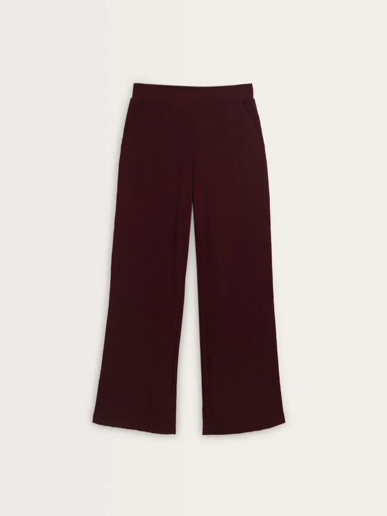 Superstar Maroon Waffle-Textured High-Rise Pants