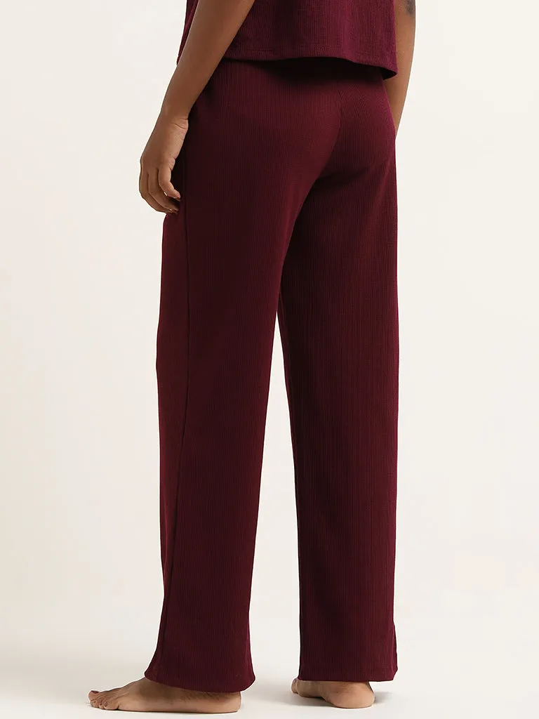 Superstar Maroon Waffle-Textured High-Rise Pants