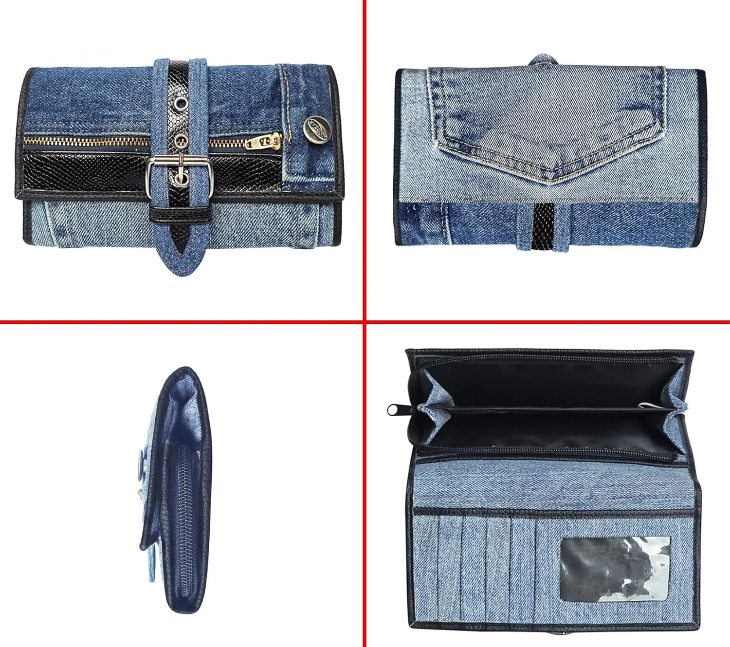 Upcycling Bifold Denim Wallet Decorated Snake skin PU leather Zipper and Buckle Accents Long Wallet Clutch Purse for Women (Black)