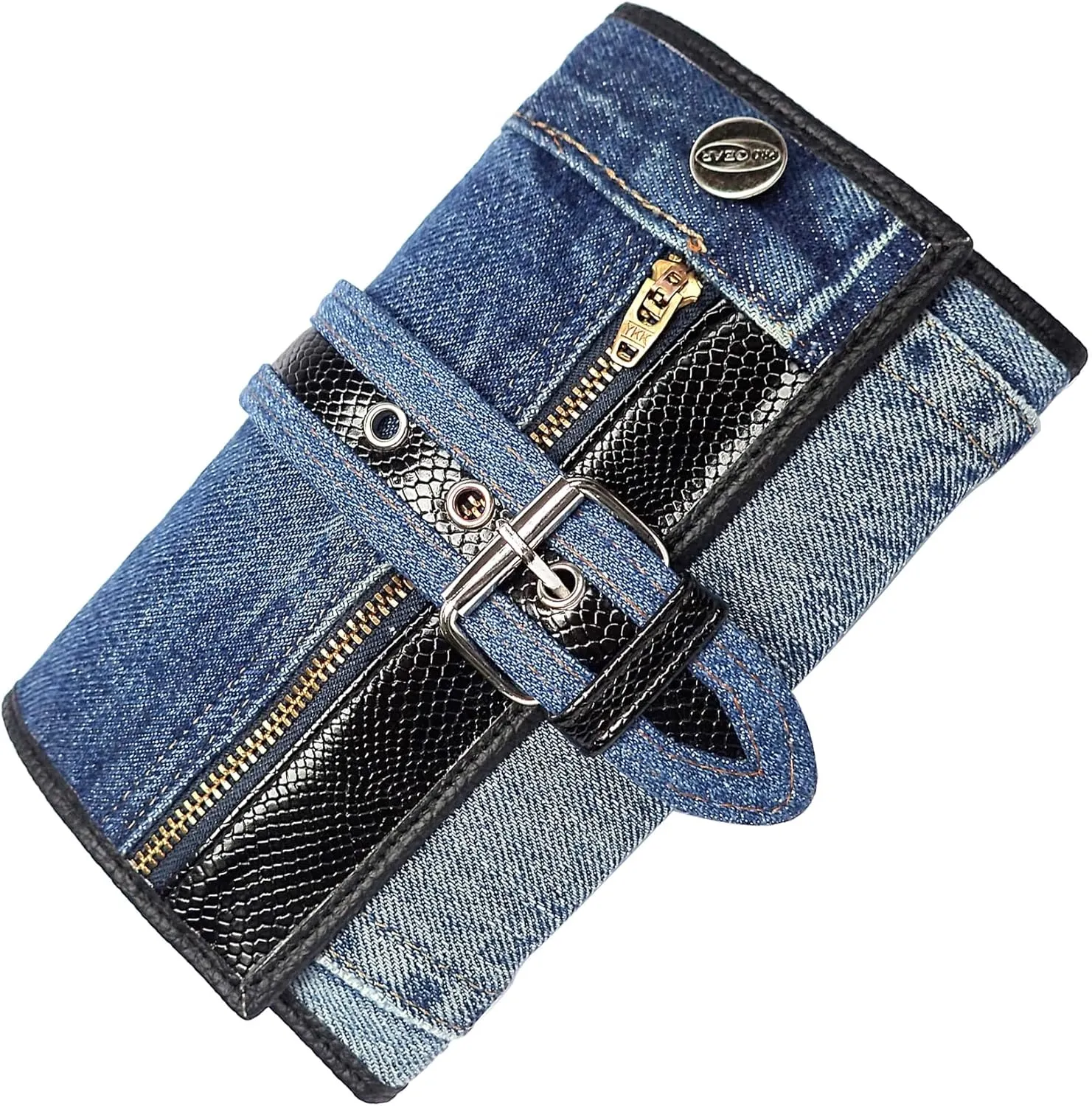 Upcycling Bifold Denim Wallet Decorated Snake skin PU leather Zipper and Buckle Accents Long Wallet Clutch Purse for Women (Black)