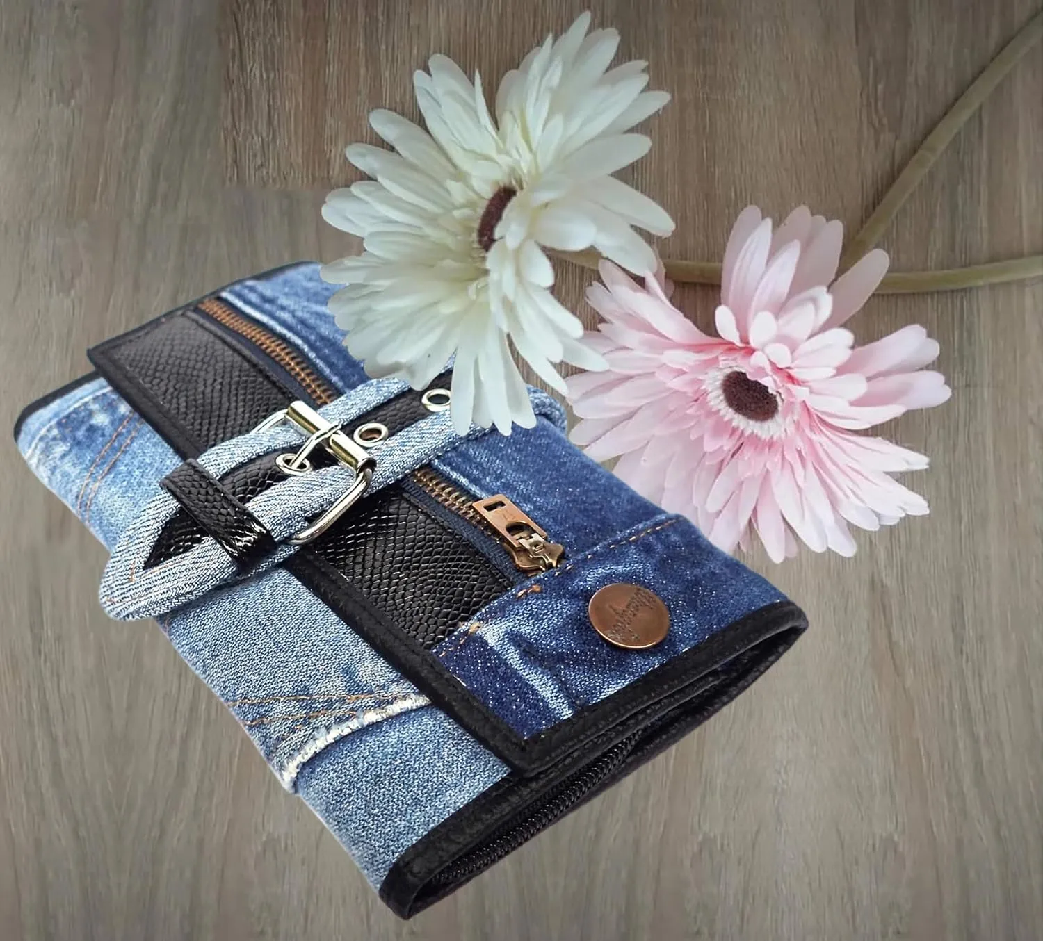 Upcycling Bifold Denim Wallet Decorated Snake skin PU leather Zipper and Buckle Accents Long Wallet Clutch Purse for Women (Black)
