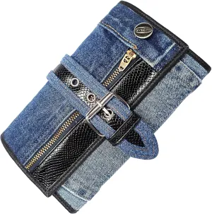 Upcycling Bifold Denim Wallet Decorated Snake skin PU leather Zipper and Buckle Accents Long Wallet Clutch Purse for Women (Black)