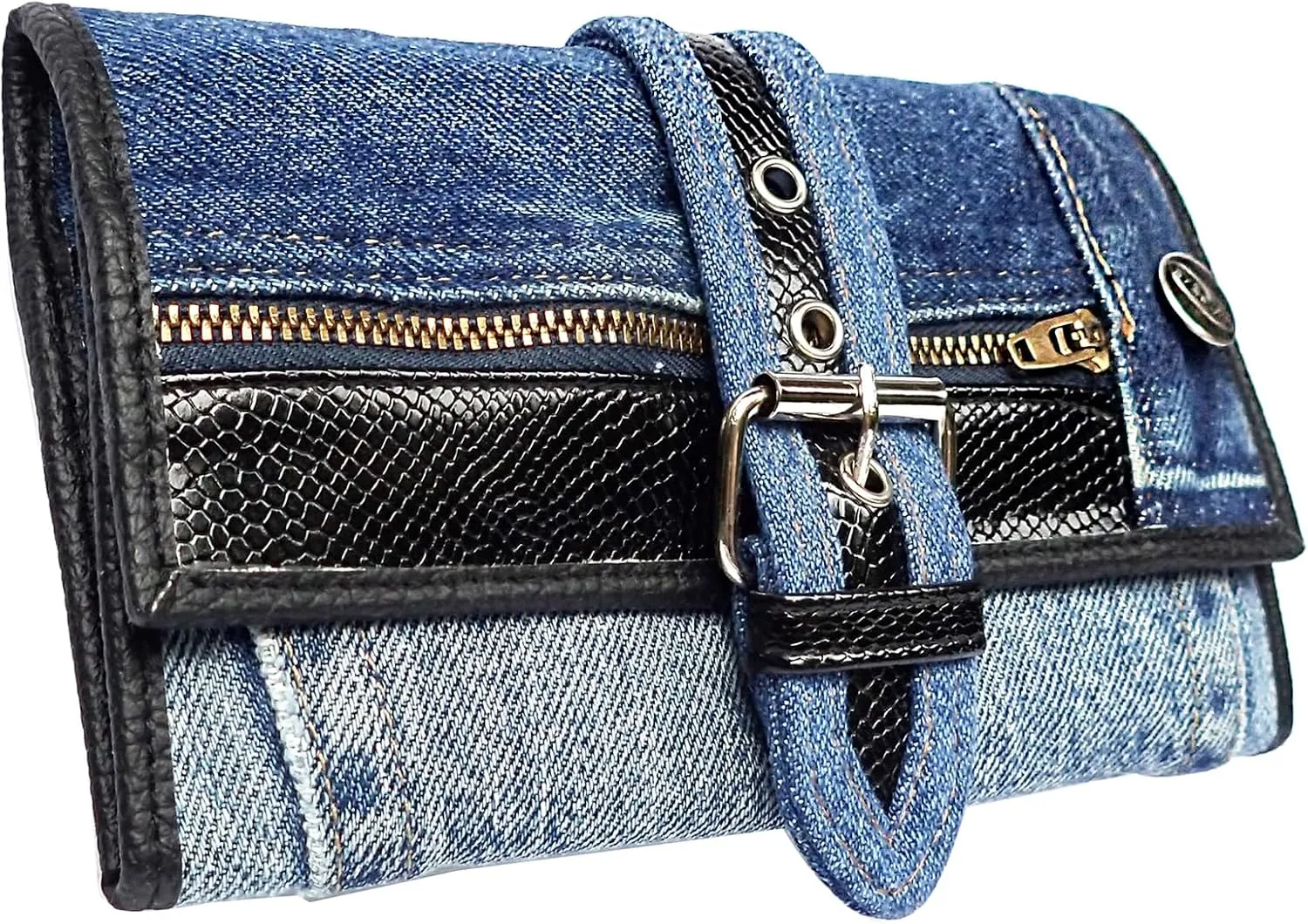Upcycling Bifold Denim Wallet Decorated Snake skin PU leather Zipper and Buckle Accents Long Wallet Clutch Purse for Women (Black)