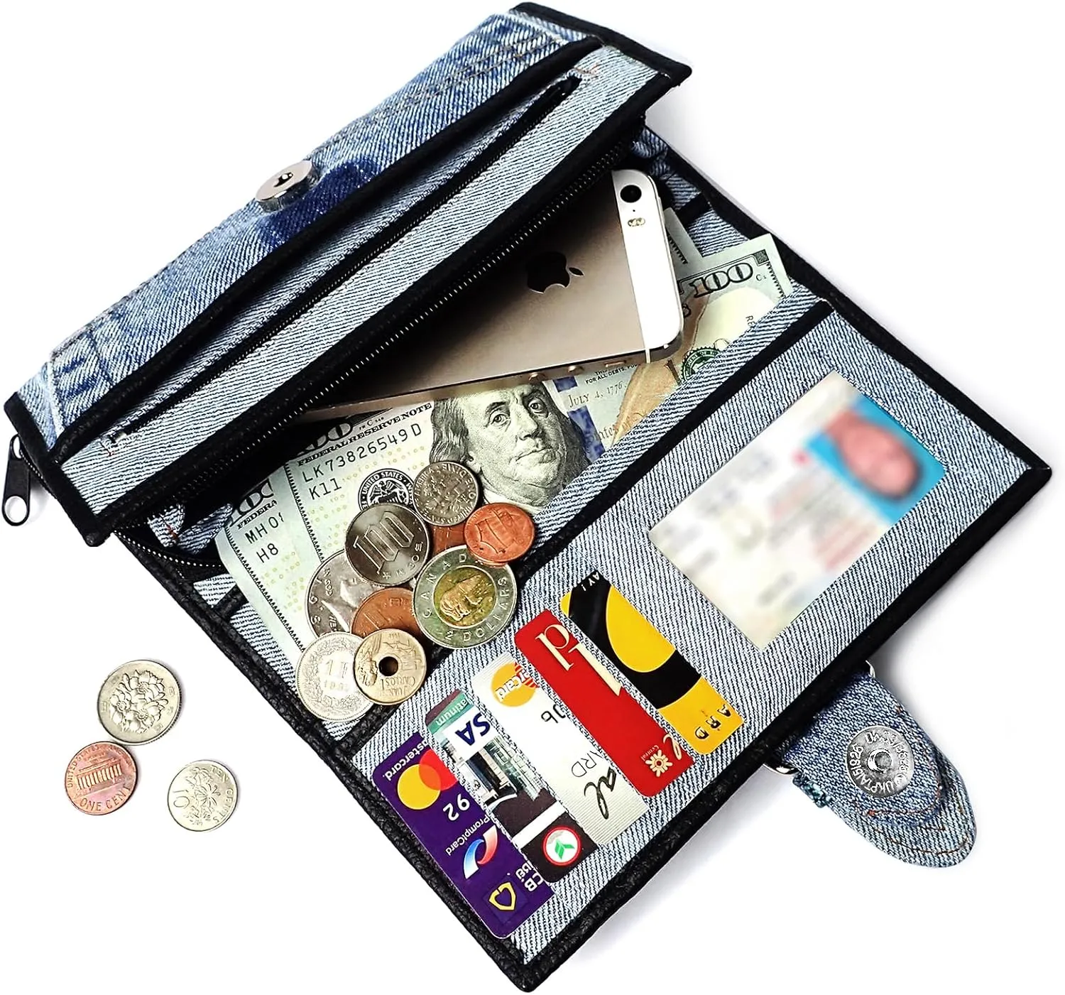 Upcycling Bifold Denim Wallet Decorated Snake skin PU leather Zipper and Buckle Accents Long Wallet Clutch Purse for Women (Black)