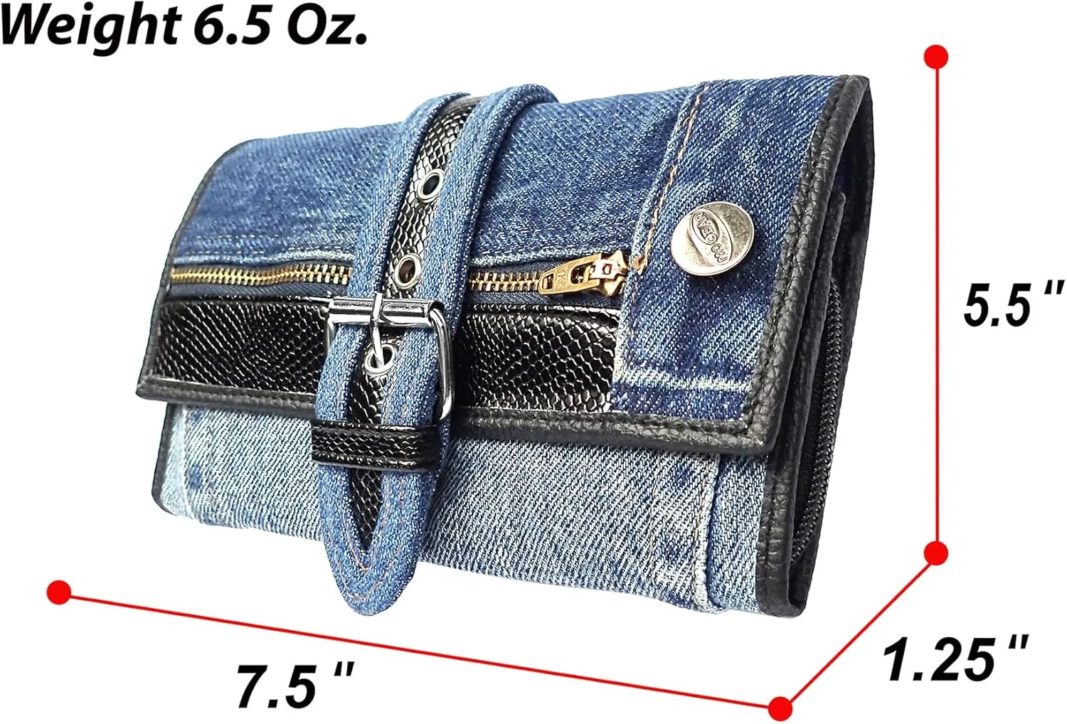 Upcycling Bifold Denim Wallet Decorated Snake skin PU leather Zipper and Buckle Accents Long Wallet Clutch Purse for Women (Black)