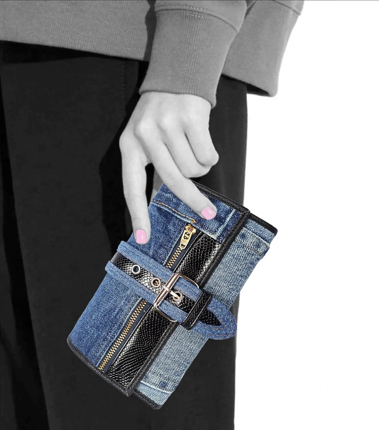 Upcycling Bifold Denim Wallet Decorated Snake skin PU leather Zipper and Buckle Accents Long Wallet Clutch Purse for Women (Black)