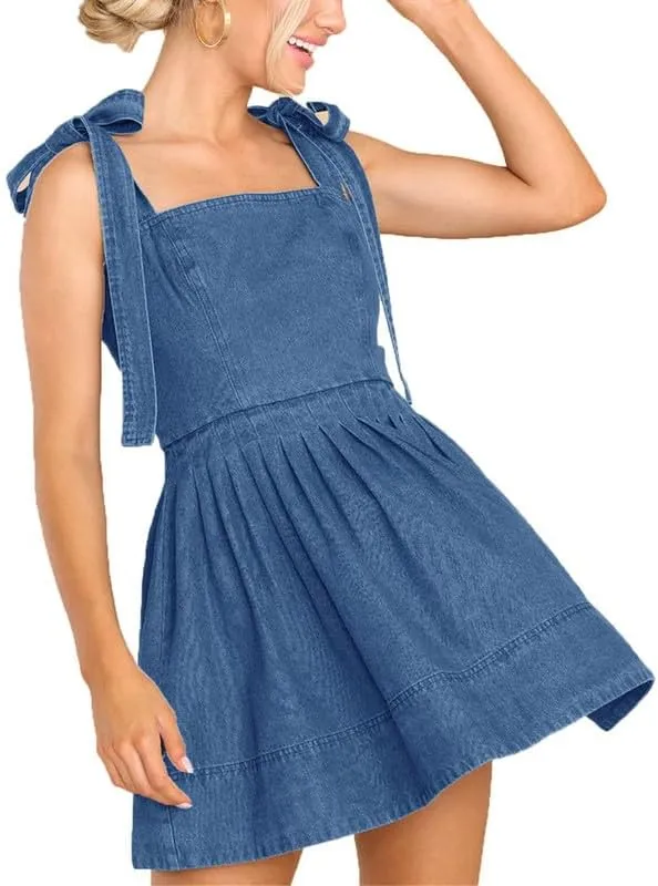 VIVICOLOR Womens Spaghetti Strap Mini Denim Dress Ruffle A-Line Short Denim Sundress, X-Large