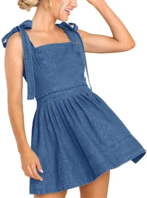 VIVICOLOR Womens Spaghetti Strap Mini Denim Dress Ruffle A-Line Short Denim Sundress, X-Large