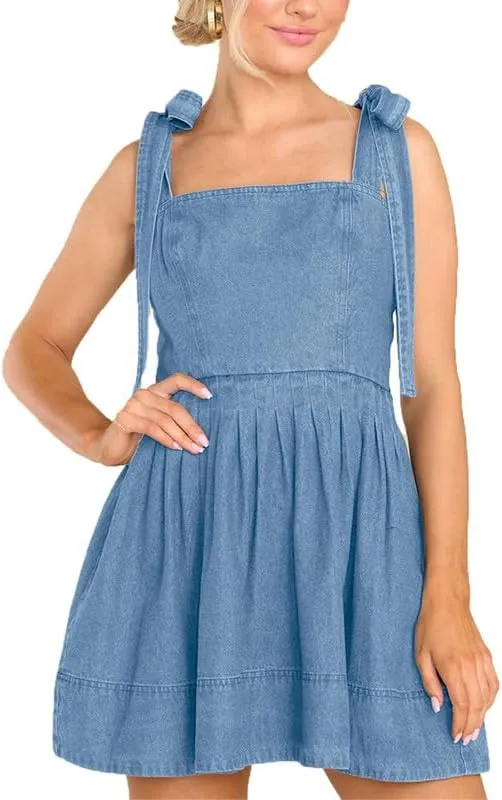 VIVICOLOR Womens Spaghetti Strap Mini Denim Dress Ruffle A-Line Short Denim Sundress