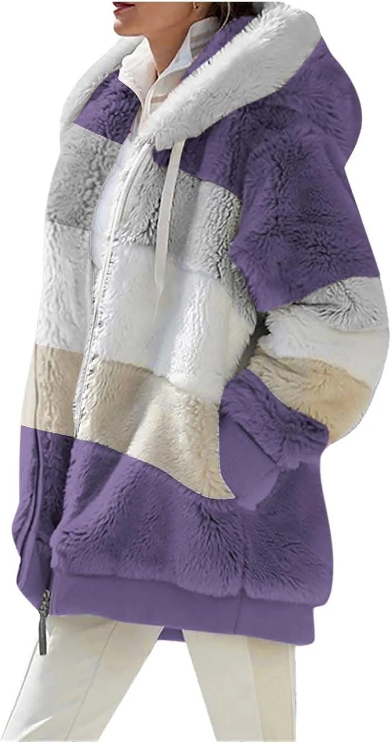 Winter Jacket Womens Warm Sherpa Fleece Hoodie Coat Fashion Color Block Zip Up Cozy Fuzzy Hooded Sweatshirt Outwear