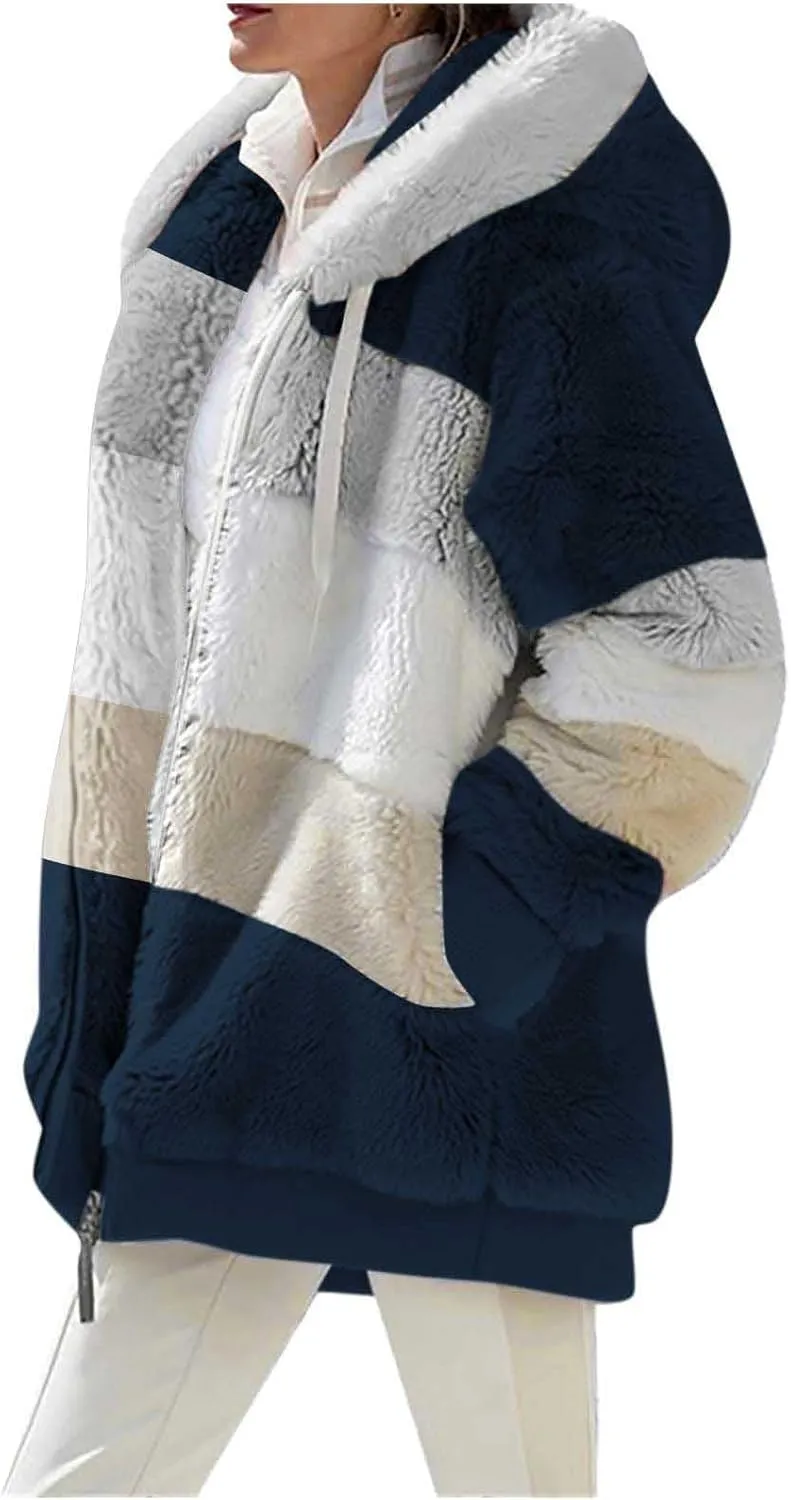 Winter Jacket Womens Warm Sherpa Fleece Hoodie Coat Fashion Color Block Zip Up Cozy Fuzzy Hooded Sweatshirt Outwear
