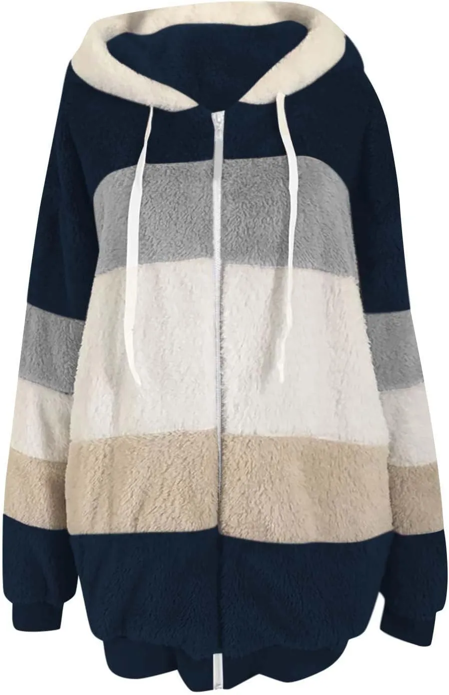 Winter Jacket Womens Warm Sherpa Fleece Hoodie Coat Fashion Color Block Zip Up Cozy Fuzzy Hooded Sweatshirt Outwear