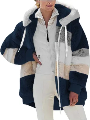 Winter Jacket Womens Warm Sherpa Fleece Hoodie Coat Fashion Color Block Zip Up Cozy Fuzzy Hooded Sweatshirt Outwear