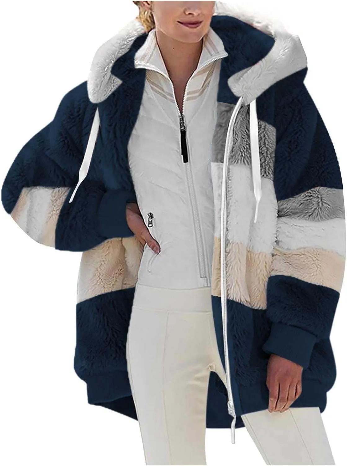 Winter Jacket Womens Warm Sherpa Fleece Hoodie Coat Fashion Color Block Zip Up Cozy Fuzzy Hooded Sweatshirt Outwear