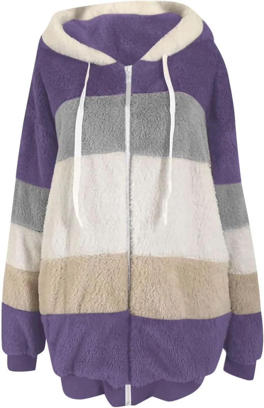 Winter Jacket Womens Warm Sherpa Fleece Hoodie Coat Fashion Color Block Zip Up Cozy Fuzzy Hooded Sweatshirt Outwear
