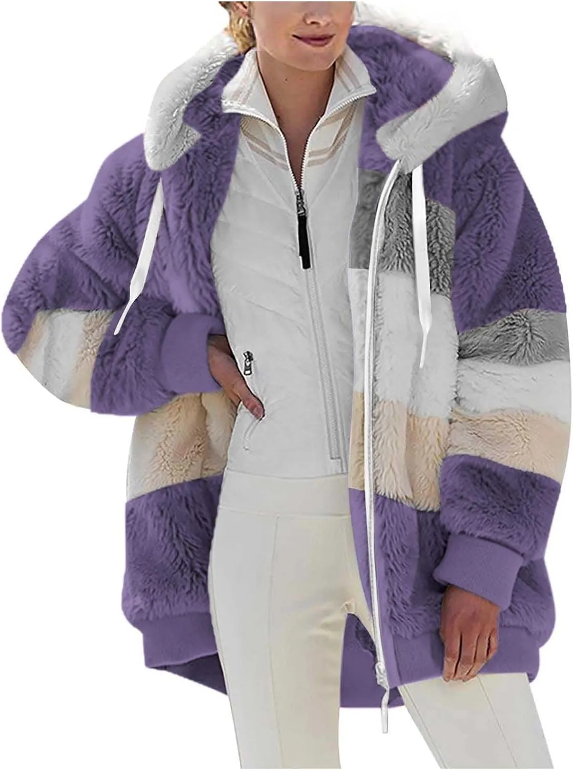 Winter Jacket Womens Warm Sherpa Fleece Hoodie Coat Fashion Color Block Zip Up Cozy Fuzzy Hooded Sweatshirt Outwear