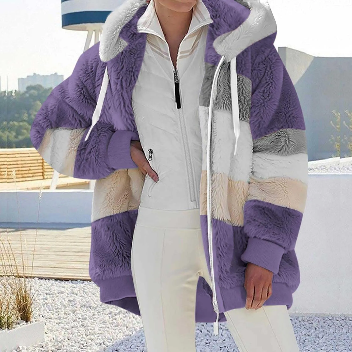 Winter Jacket Womens Warm Sherpa Fleece Hoodie Coat Fashion Color Block Zip Up Cozy Fuzzy Hooded Sweatshirt Outwear