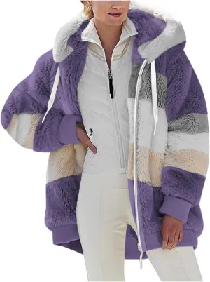 Winter Jacket Womens Warm Sherpa Fleece Hoodie Coat Fashion Color Block Zip Up Cozy Fuzzy Hooded Sweatshirt Outwear