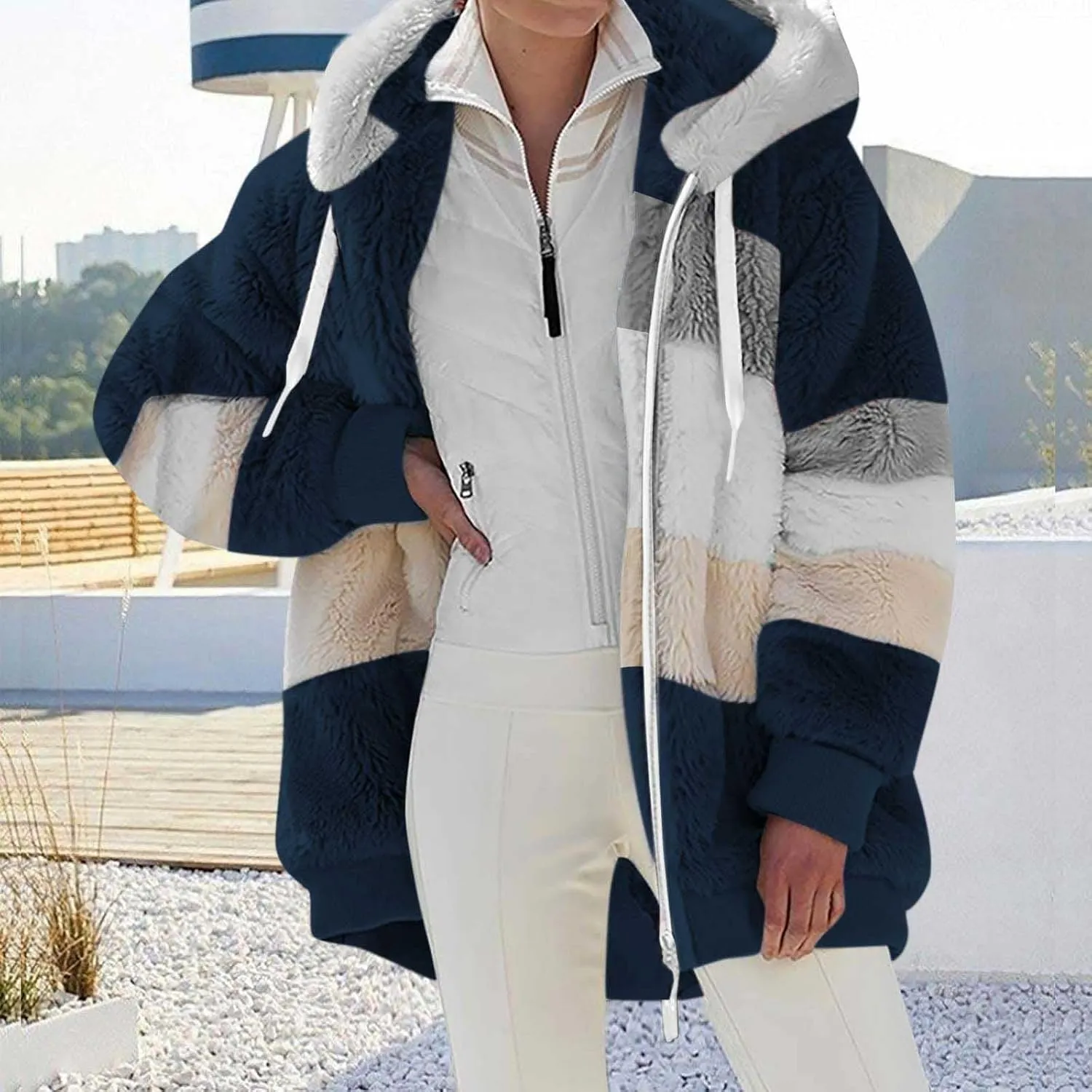 Winter Jacket Womens Warm Sherpa Fleece Hoodie Coat Fashion Color Block Zip Up Cozy Fuzzy Hooded Sweatshirt Outwear
