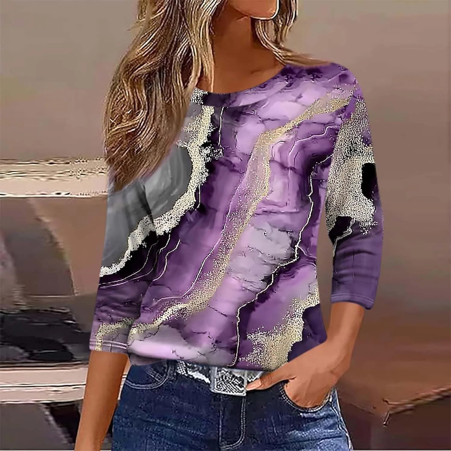 Women 3/4 Sleeve Length Summer Tops Dressy Casual Boho Blouses Trendy Floral T Shirts Tunic Beach Vacation Ladies Clothes