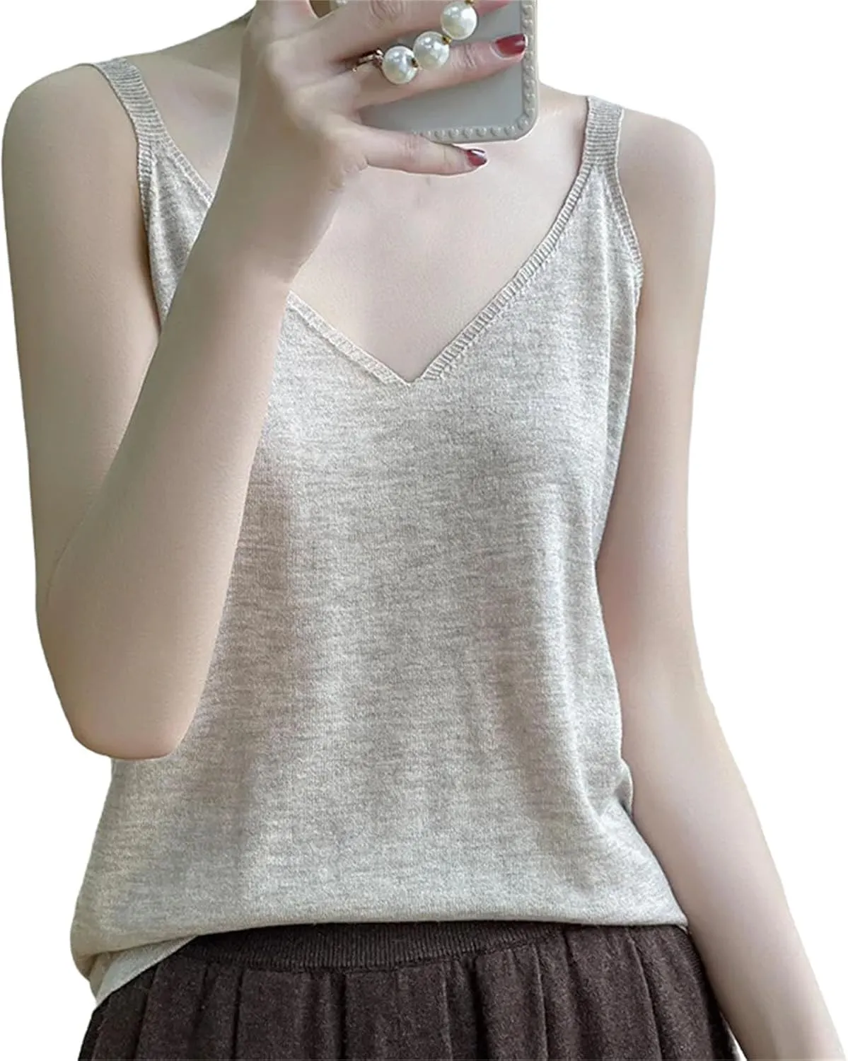 Women Sexy Knitted Camisole Base Vest with V-Neck Loose Interior
