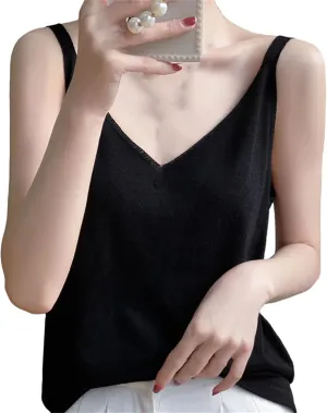 Women Sexy Knitted Camisole Base Vest with V-Neck Loose Interior