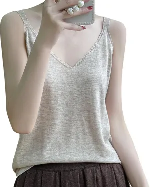 Women Sexy Knitted Camisole Base Vest with V-Neck Loose Interior
