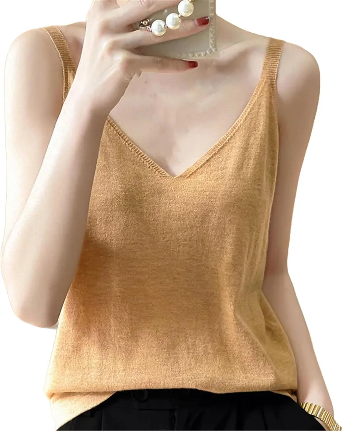 Women Sexy Knitted Camisole Base Vest with V-Neck Loose Interior