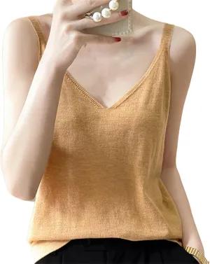 Women Sexy Knitted Camisole Base Vest with V-Neck Loose Interior