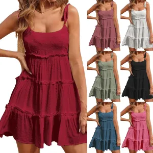 Womens 2024 Summer Floral Mini Dress Boho Flowy Skater Dresses Short Sleeveless Ruffle Spaghetti Strap Dress for Women