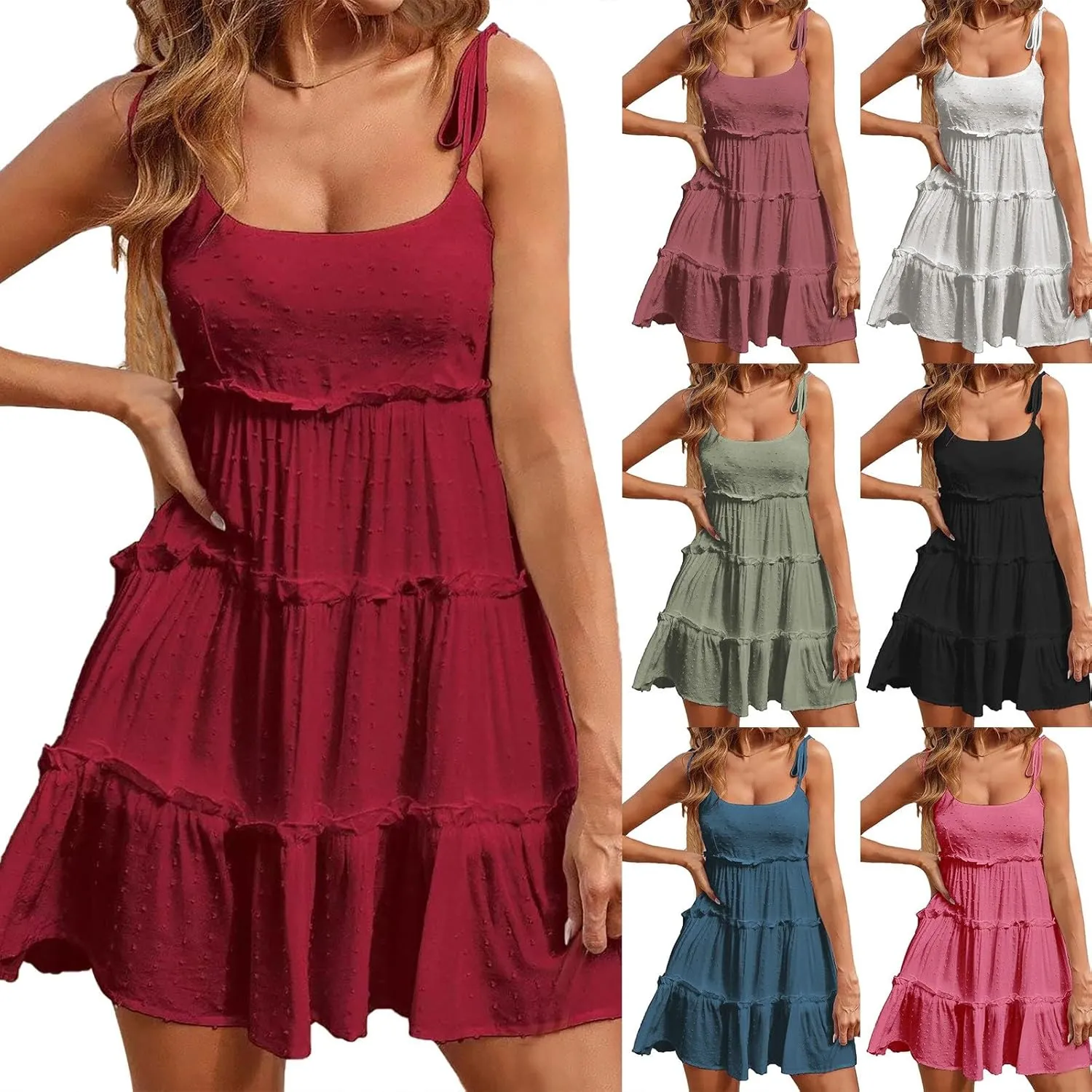 Womens 2024 Summer Floral Mini Dress Boho Flowy Skater Dresses Short Sleeveless Ruffle Spaghetti Strap Dress for Women