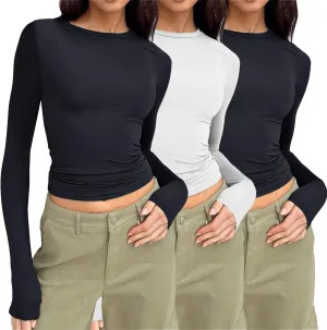Womens 3 Piece Long Sleeve Shirts Basic Crop Tops Going Out Fall Fashion Underscrubs Layer Slim Fit Y2K Tops Long Sleeve