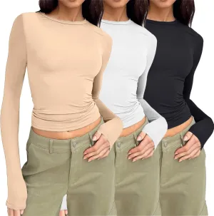 Womens 3 Piece Long Sleeve Shirts Basic Crop Tops Going Out Fall Fashion Underscrubs Layer Slim Fit Y2K Tops Long Sleeve