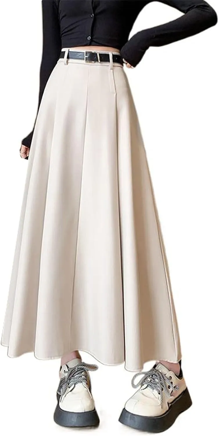 Women's Autumn and Winter High-Waisted Pleated Skirt, A-Line Midi Skirt, Sweet Suit Style, Thickened