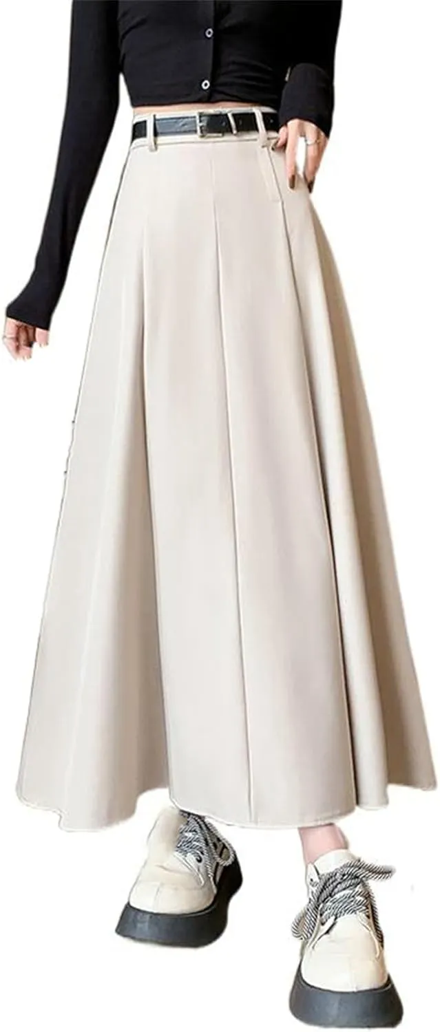 Women's Autumn and Winter High-Waisted Pleated Skirt, A-Line Midi Skirt, Sweet Suit Style, Thickened