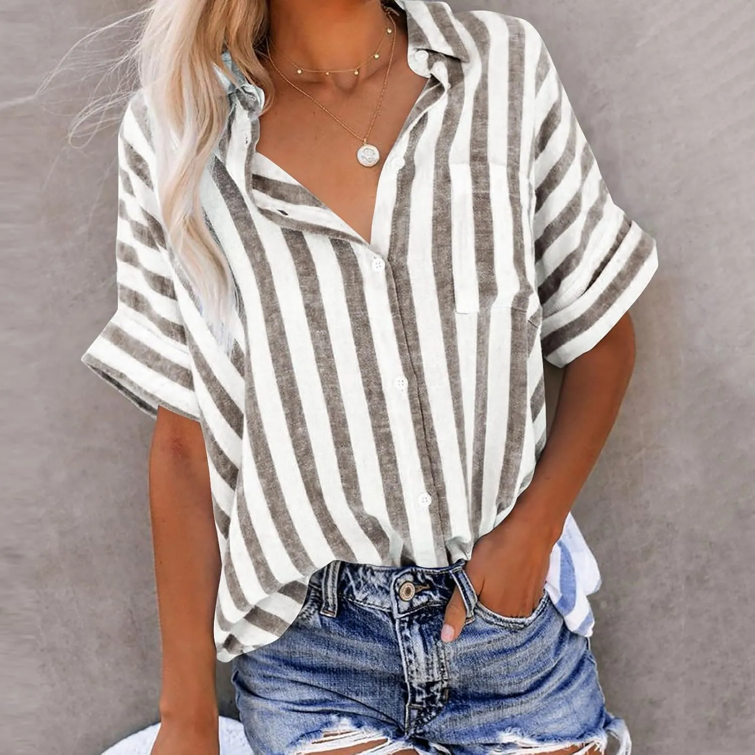Women's Casual Striped Button Down Shirts Summer Short Sleeve Blouses Loose Fit Turndown Collar Work Shirt Tops
