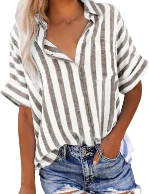 Women's Casual Striped Button Down Shirts Summer Short Sleeve Blouses Loose Fit Turndown Collar Work Shirt Tops