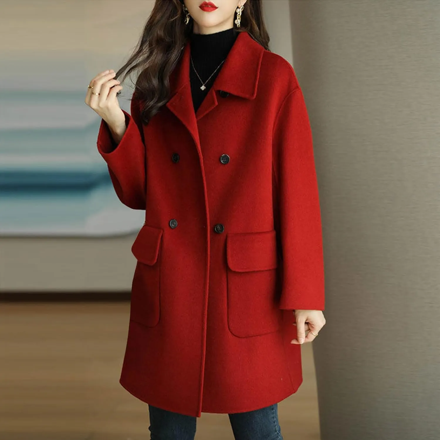 Women's Chic Mid Length Wool Coats Fall Winter Loose Pea Coat Button Lapel Woolen Jacket with Pocket Windbreaker