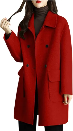 Women's Chic Mid Length Wool Coats Fall Winter Loose Pea Coat Button Lapel Woolen Jacket with Pocket Windbreaker