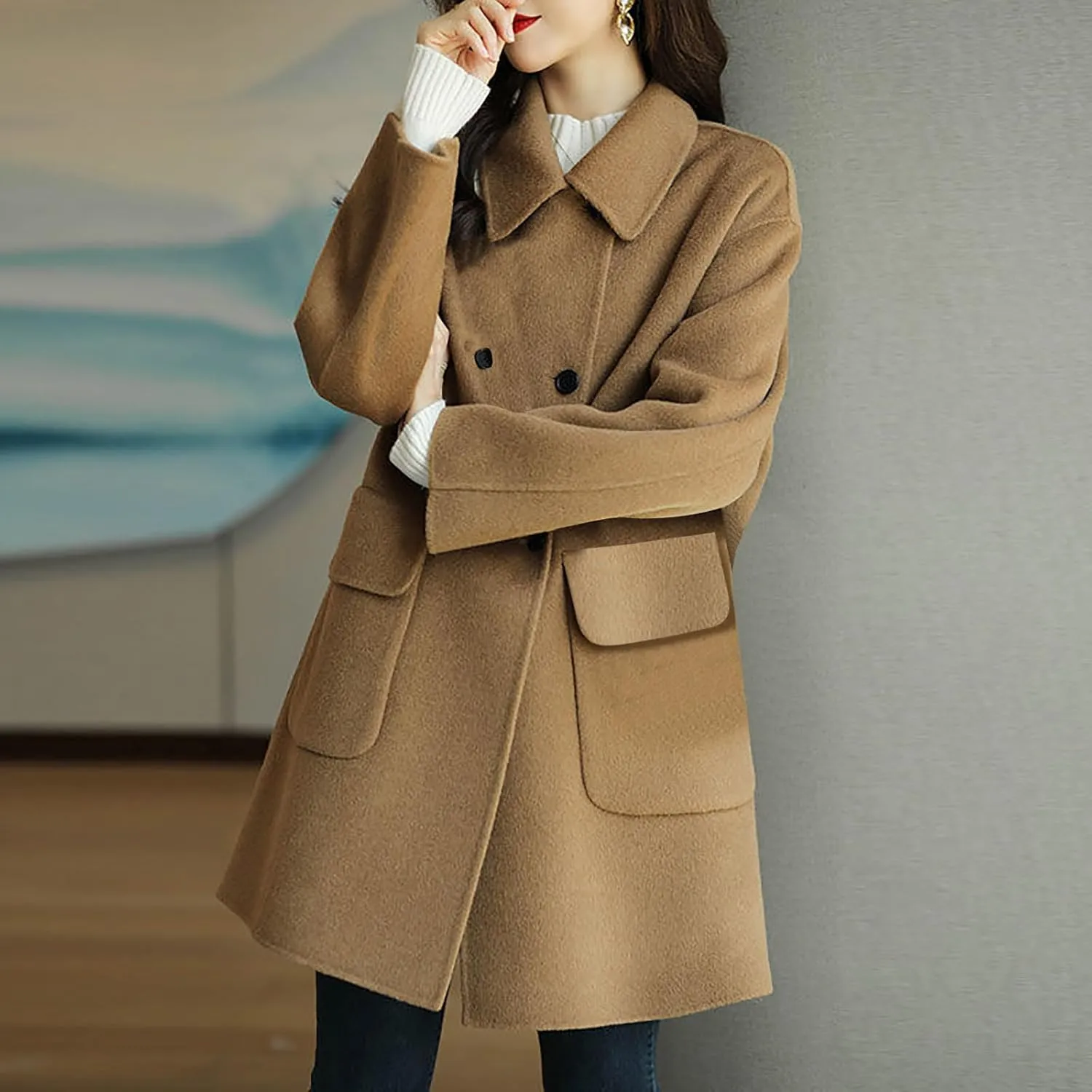 Women's Chic Mid Length Wool Coats Fall Winter Loose Pea Coat Button Lapel Woolen Jacket with Pocket Windbreaker