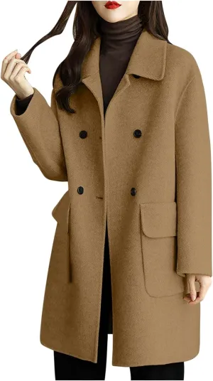 Women's Chic Mid Length Wool Coats Fall Winter Loose Pea Coat Button Lapel Woolen Jacket with Pocket Windbreaker