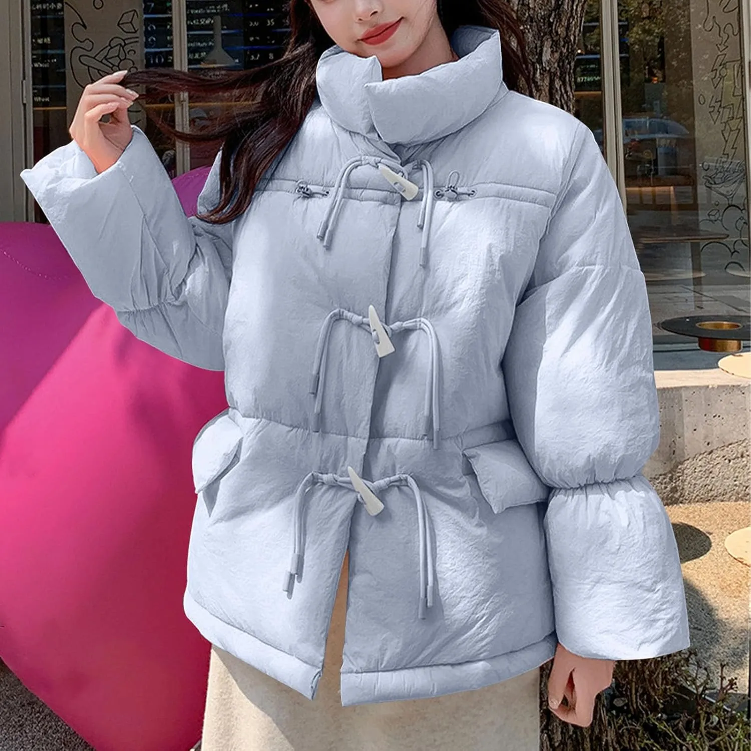 Women's Fashion Puffer Jackets Dressy Casual Stand Collar Bubble Coats Cardigan Teen Girls Baggy Quilted Down Jackets