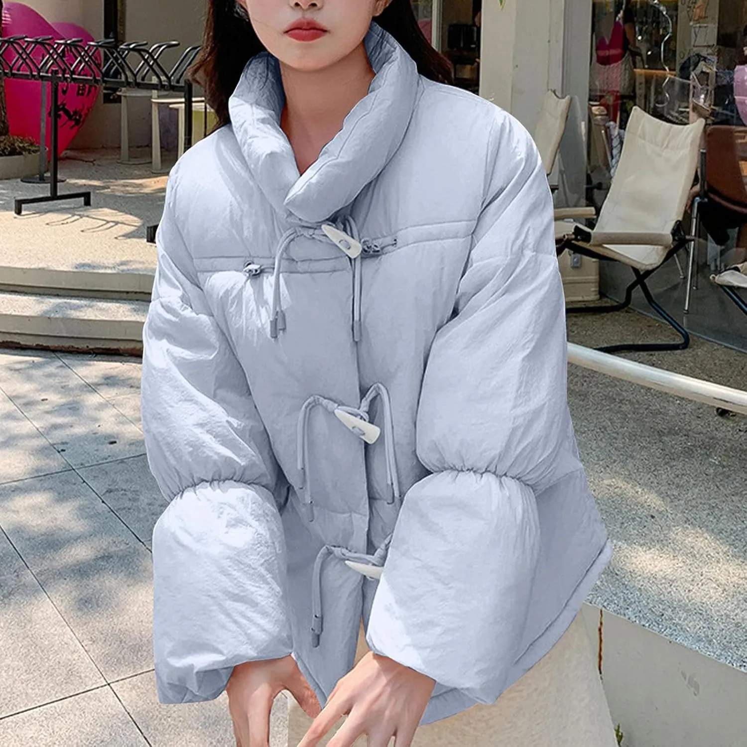 Women's Fashion Puffer Jackets Dressy Casual Stand Collar Bubble Coats Cardigan Teen Girls Baggy Quilted Down Jackets