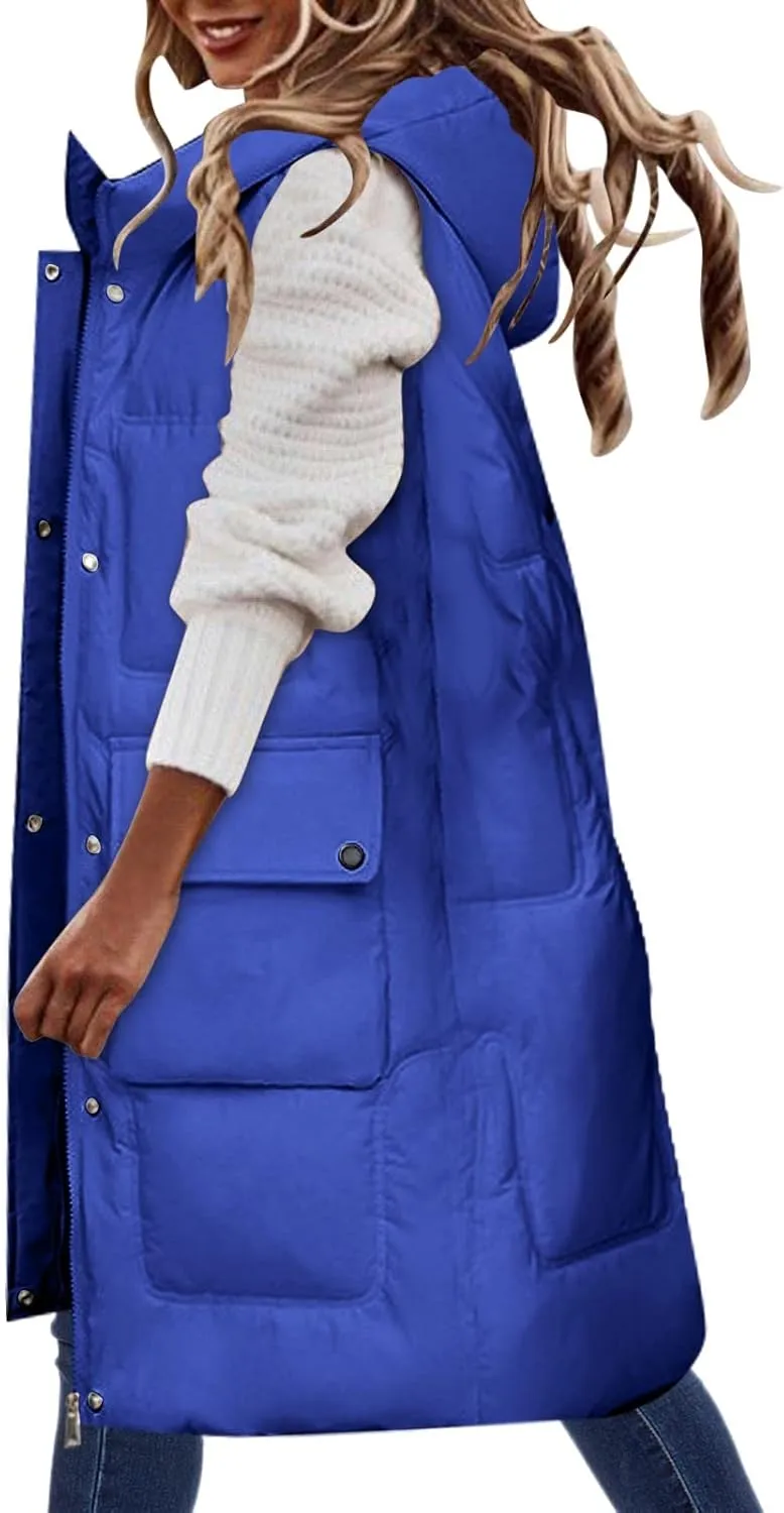 Women'S Long Vest Sleeveless Puffer Jacket Lightweight Hooded Down Outerwear Coat Quilted Vest With Hood Jacket