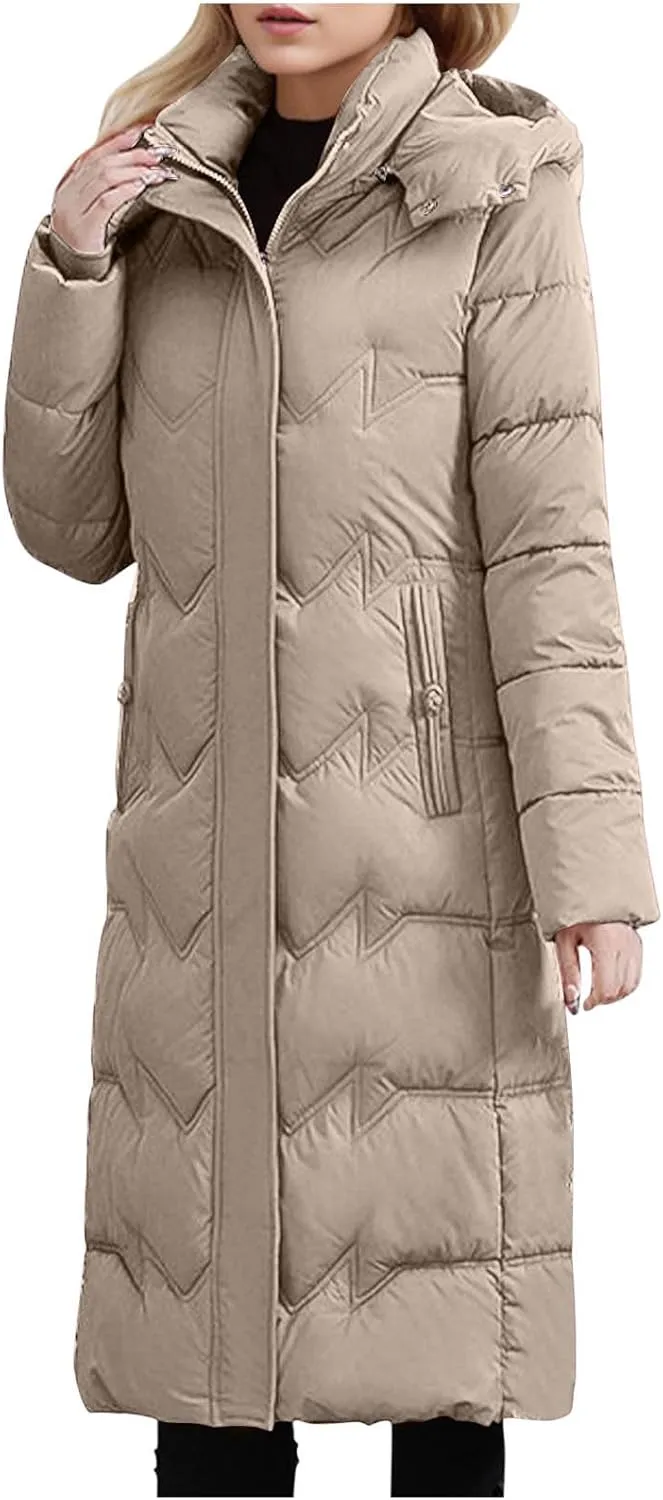 Women's Long Warm Winter Puffer Jackets Plus Size Padded Trench Coats Full Length Thicken Quilted Overcoats With Hood