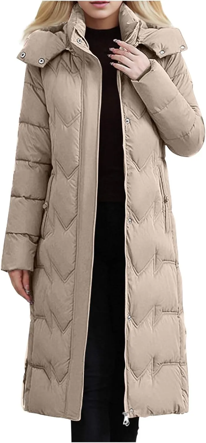 Women's Long Warm Winter Puffer Jackets Plus Size Padded Trench Coats Full Length Thicken Quilted Overcoats With Hood