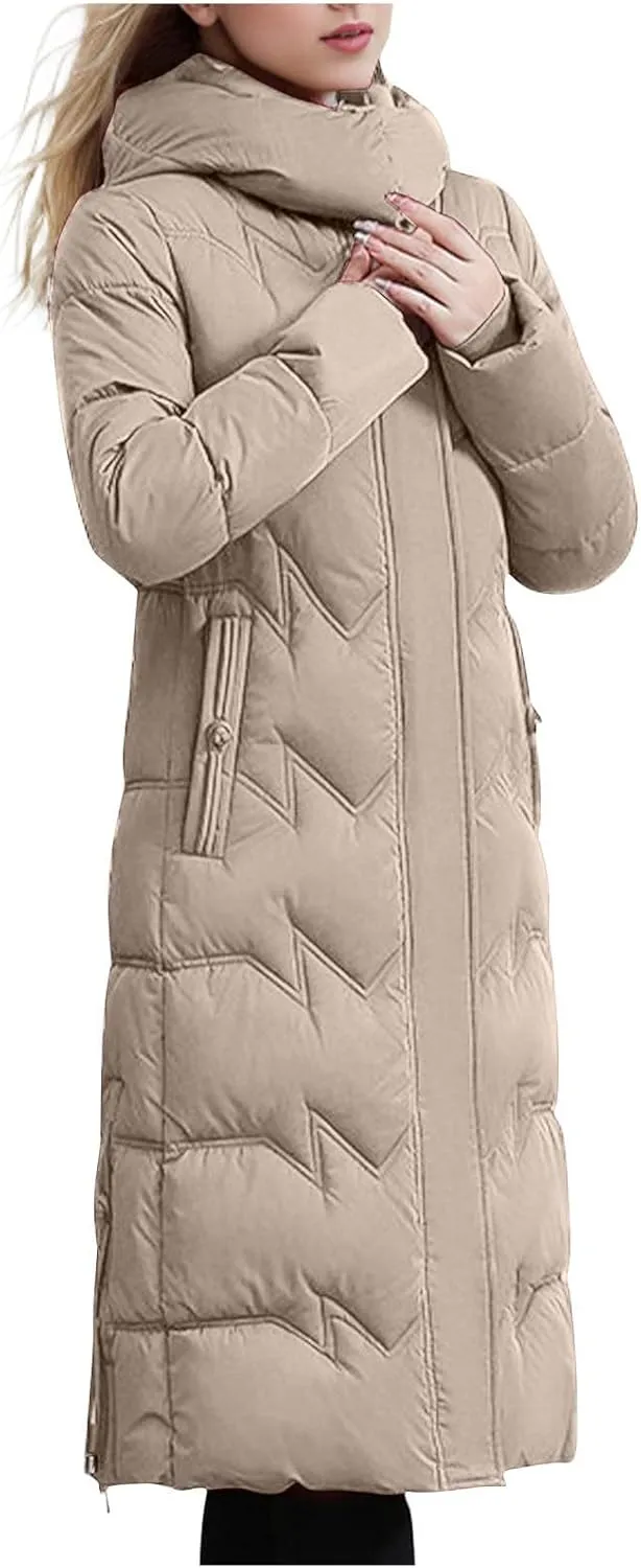 Women's Long Warm Winter Puffer Jackets Plus Size Padded Trench Coats Full Length Thicken Quilted Overcoats With Hood
