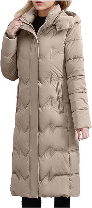 Women's Long Warm Winter Puffer Jackets Plus Size Padded Trench Coats Full Length Thicken Quilted Overcoats With Hood