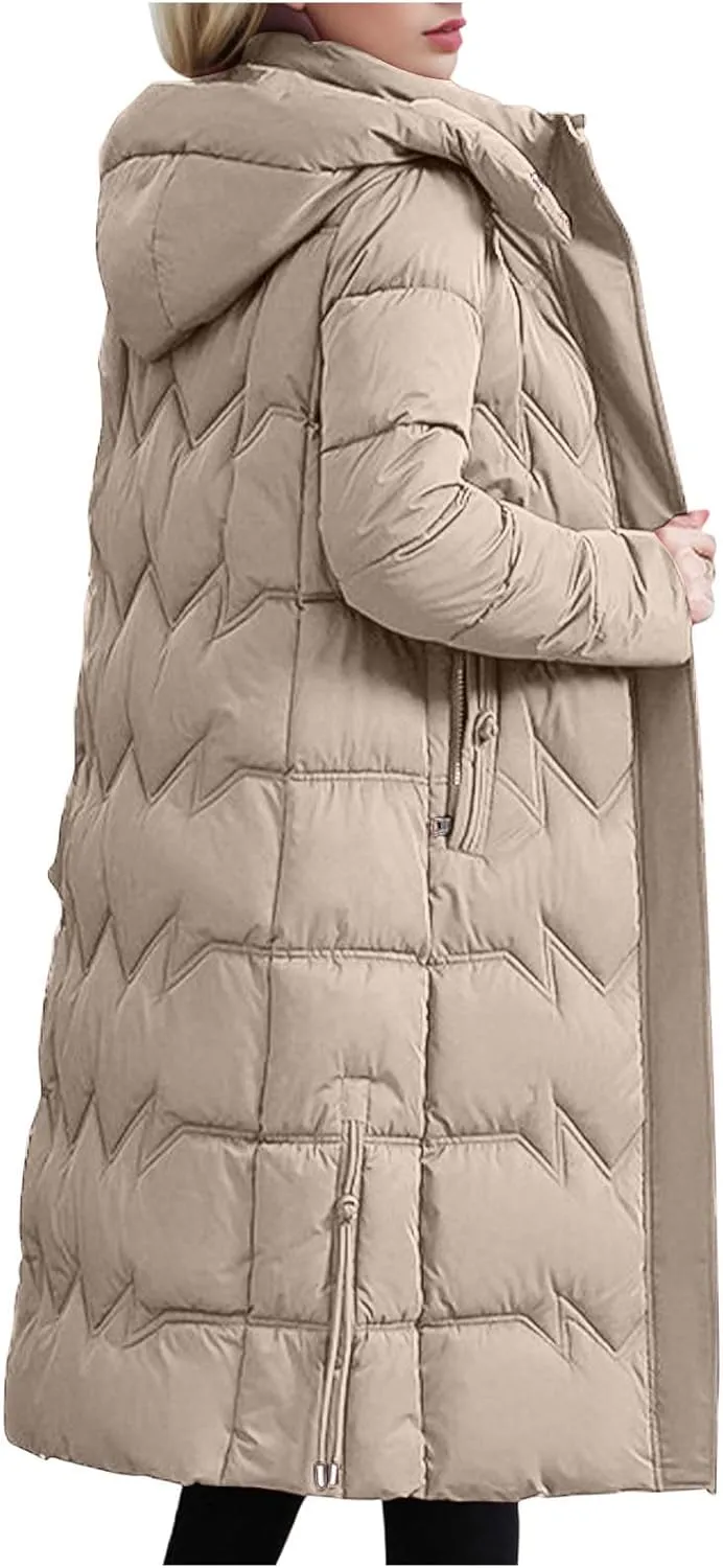 Women's Long Warm Winter Puffer Jackets Plus Size Padded Trench Coats Full Length Thicken Quilted Overcoats With Hood